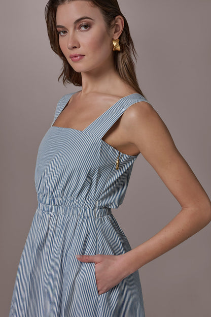 COTTON-POPLIN STRIPE CUTOUT MIDI DRESS