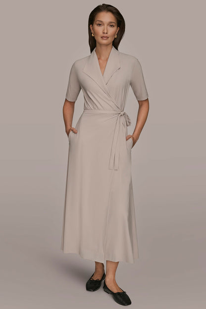 THE MODERN TRAVEL ELBOW-SLEEVE MIDI WRAP DRESS