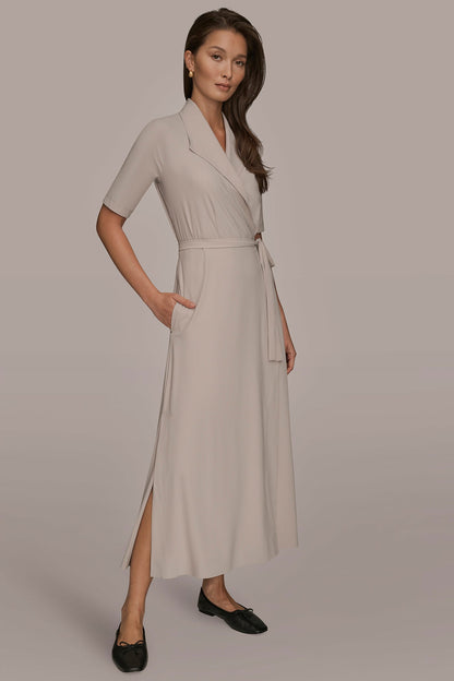 THE MODERN TRAVEL ELBOW-SLEEVE MIDI WRAP DRESS