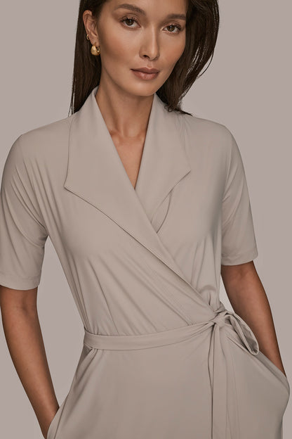 THE MODERN TRAVEL ELBOW-SLEEVE MIDI WRAP DRESS