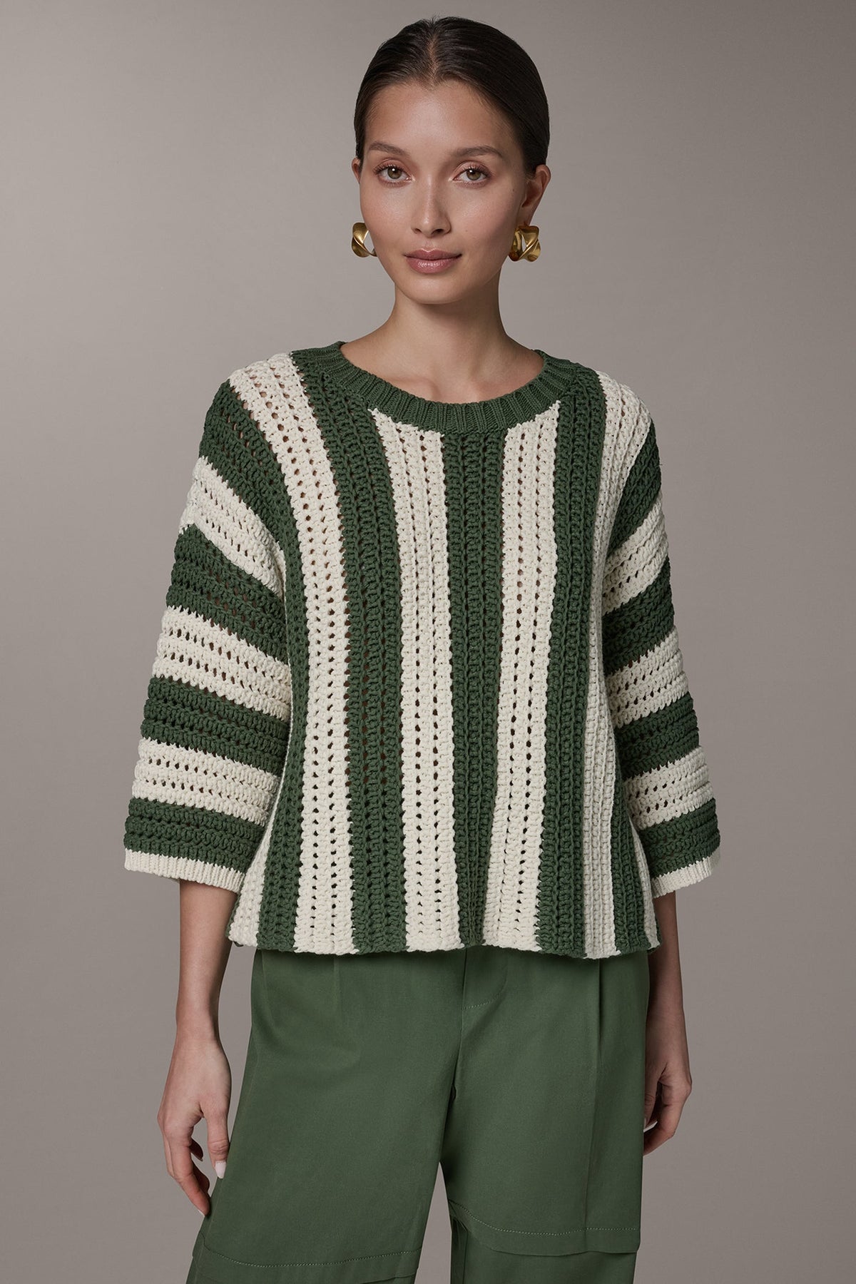 ELBOW SLEEVE POINTELLE STRIPE SWEATER