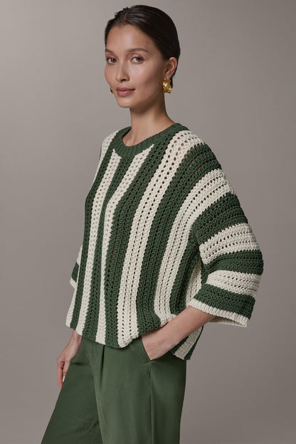 ELBOW SLEEVE POINTELLE STRIPE SWEATER