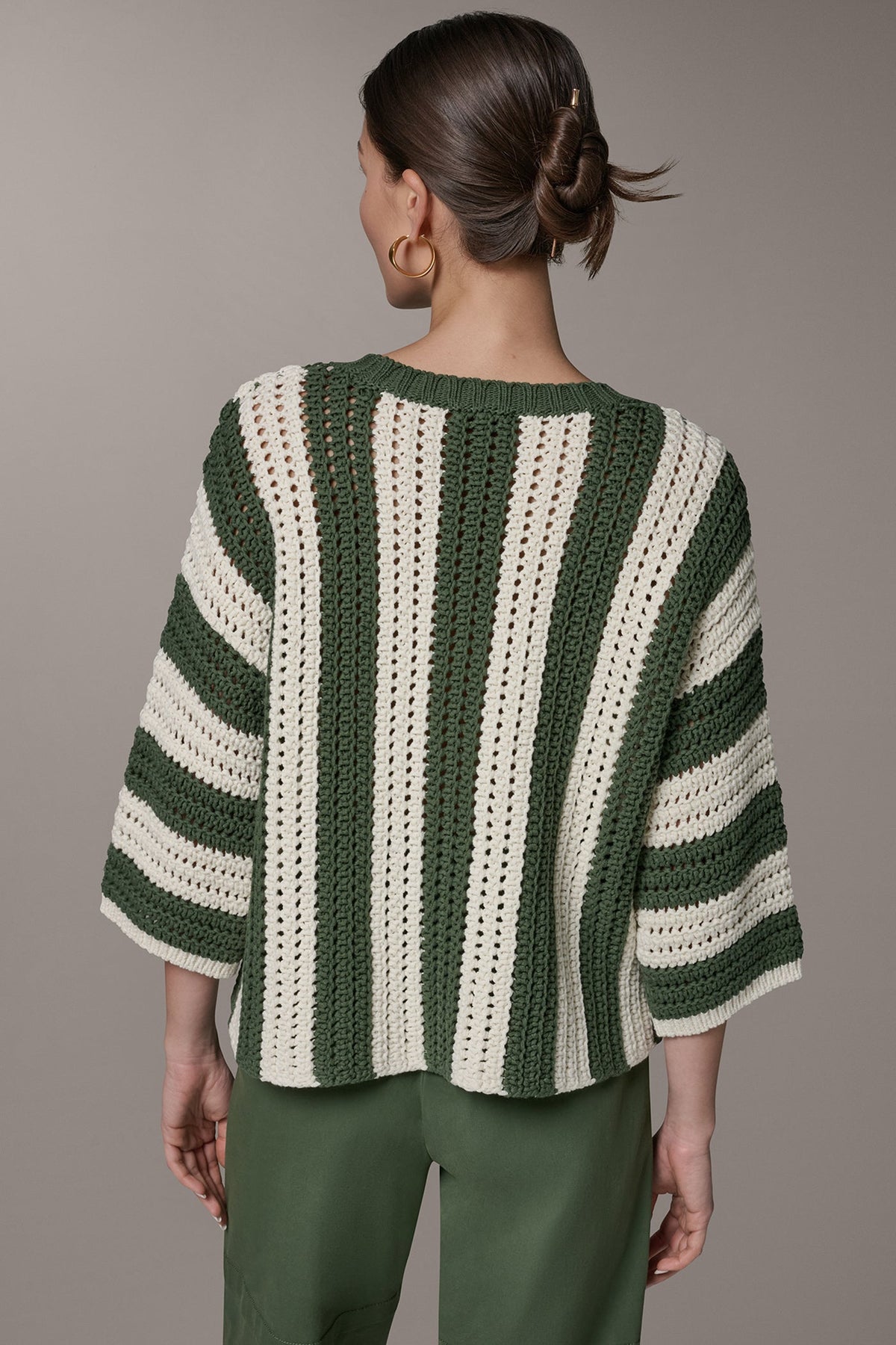 ELBOW SLEEVE POINTELLE STRIPE SWEATER