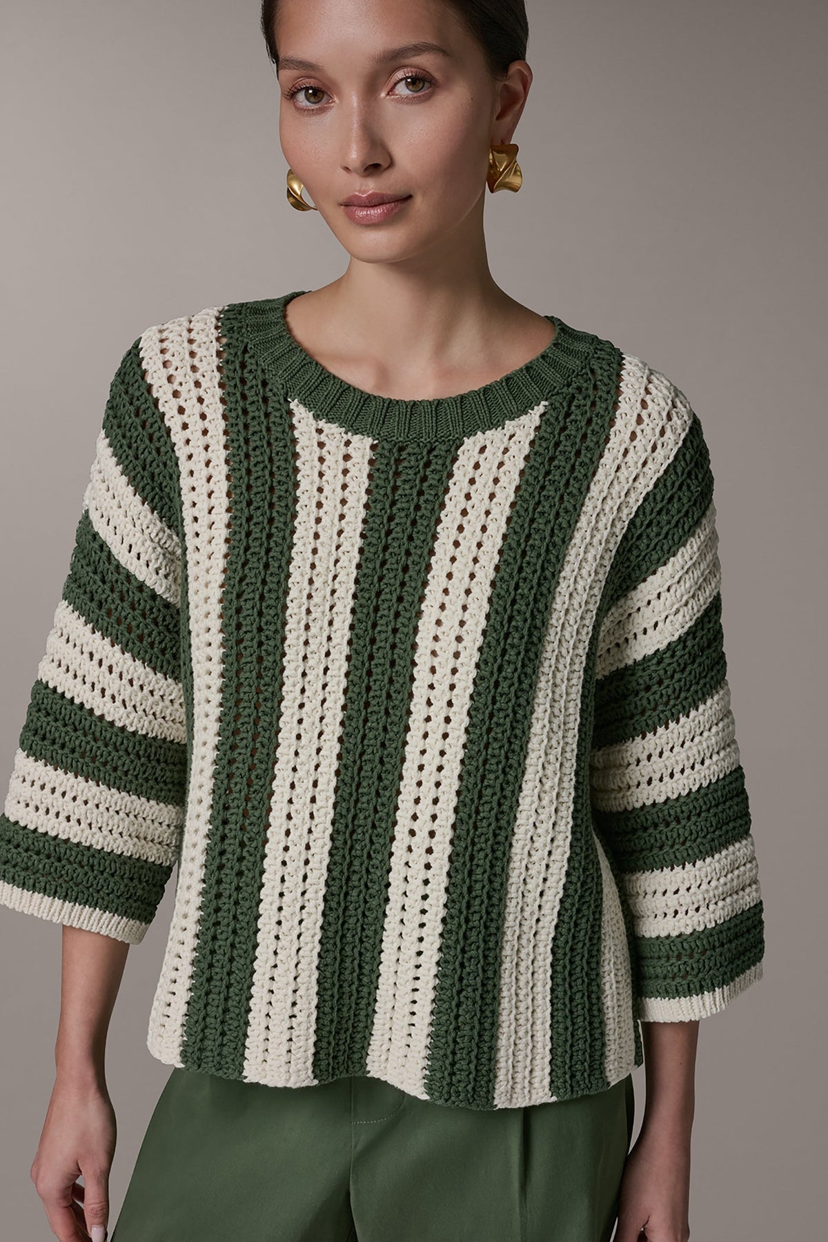 ELBOW SLEEVE POINTELLE STRIPE SWEATER
