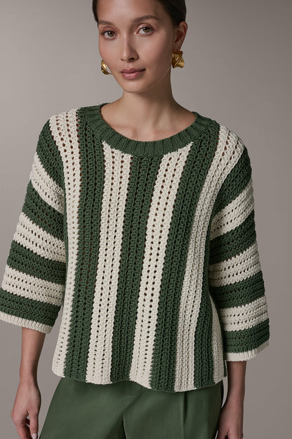 ELBOW SLEEVE POINTELLE STRIPE SWEATER