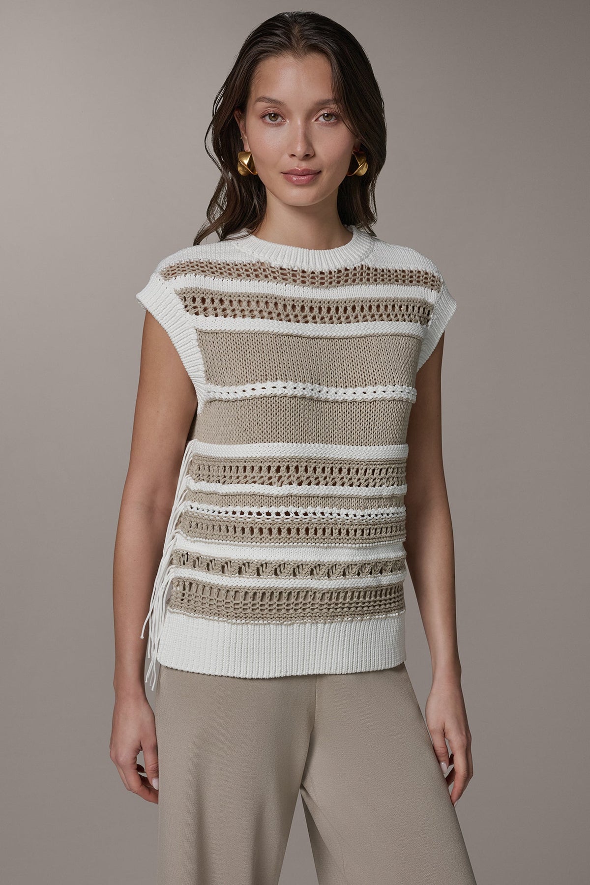 SLEEVELESS STRIPE FRINGE SEQUIN SWEATER