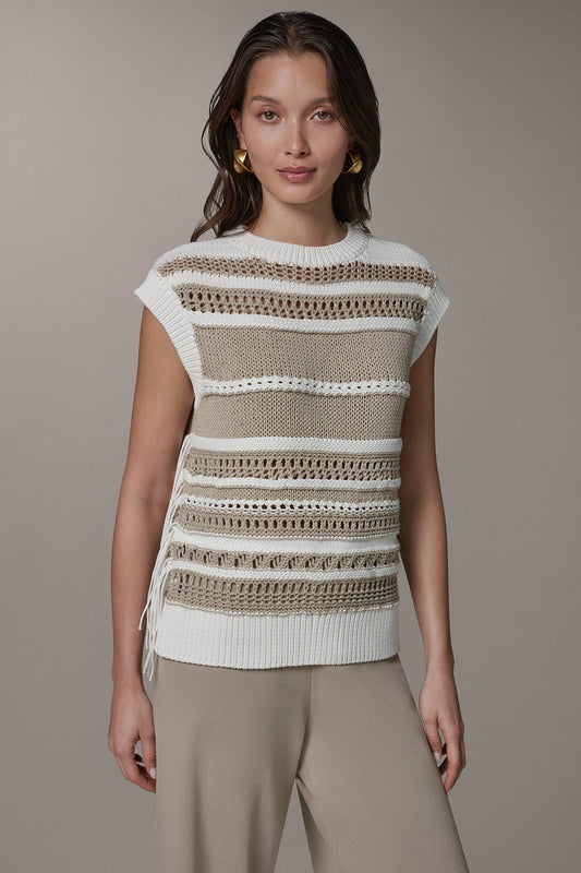 SLEEVELESS STRIPE FRINGE SEQUIN SWEATER