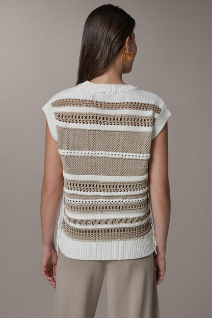 SLEEVELESS STRIPE FRINGE SEQUIN SWEATER