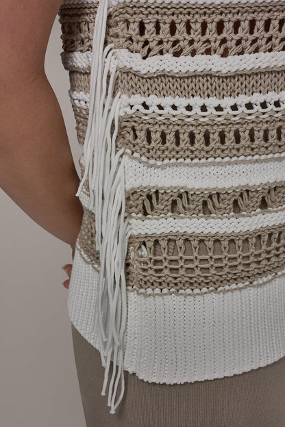 SLEEVELESS STRIPE FRINGE SEQUIN SWEATER