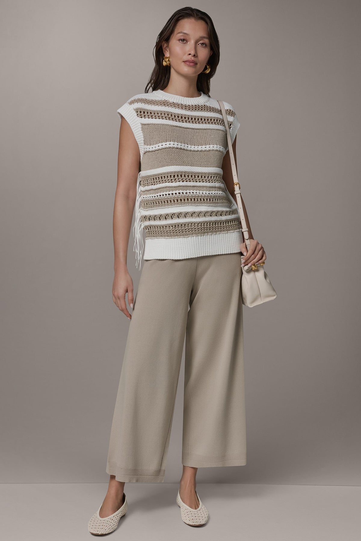 SLEEVELESS STRIPE FRINGE SEQUIN SWEATER
