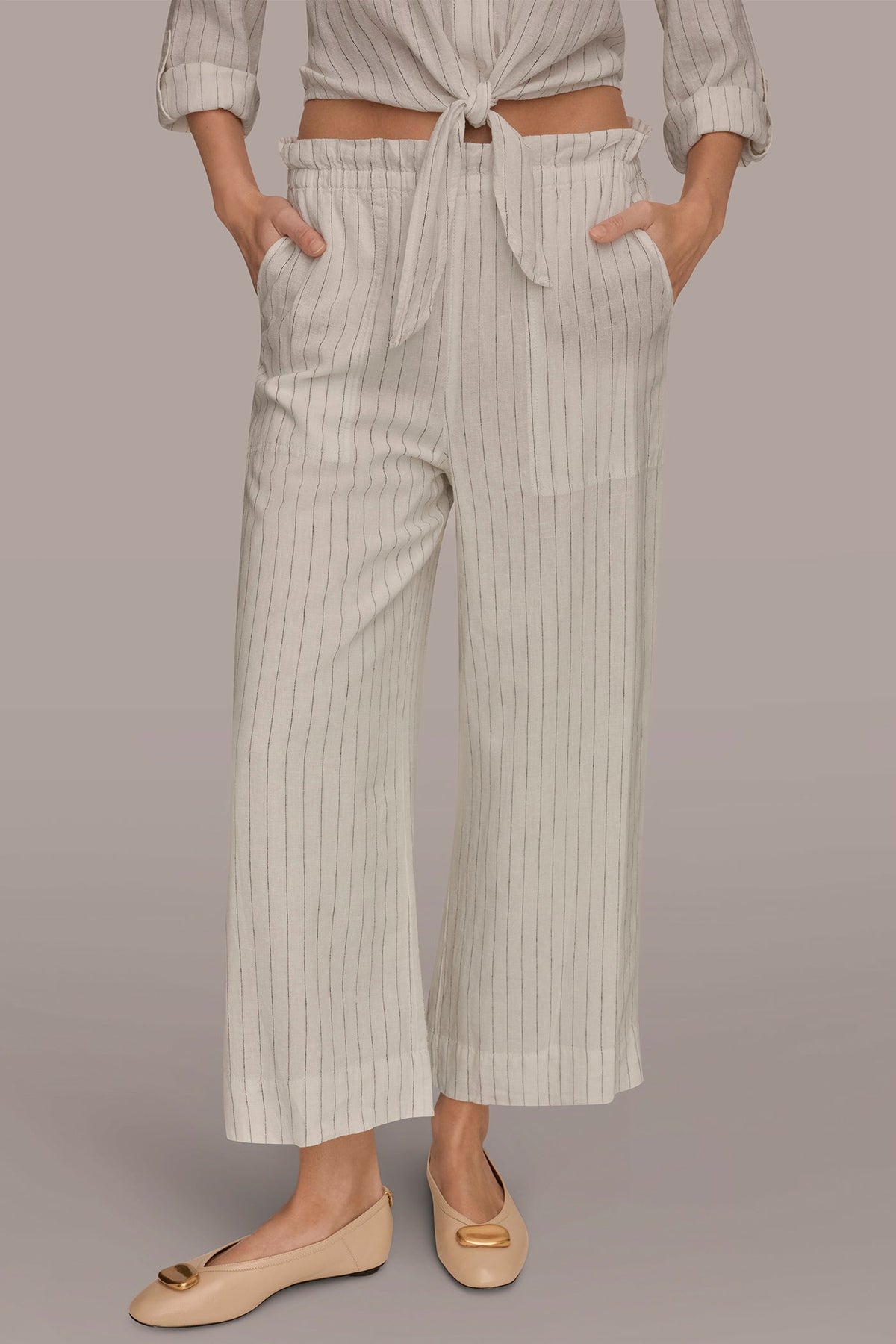 LINEN HIGH-RISE PINSTRIPED PAPERBAG PANT