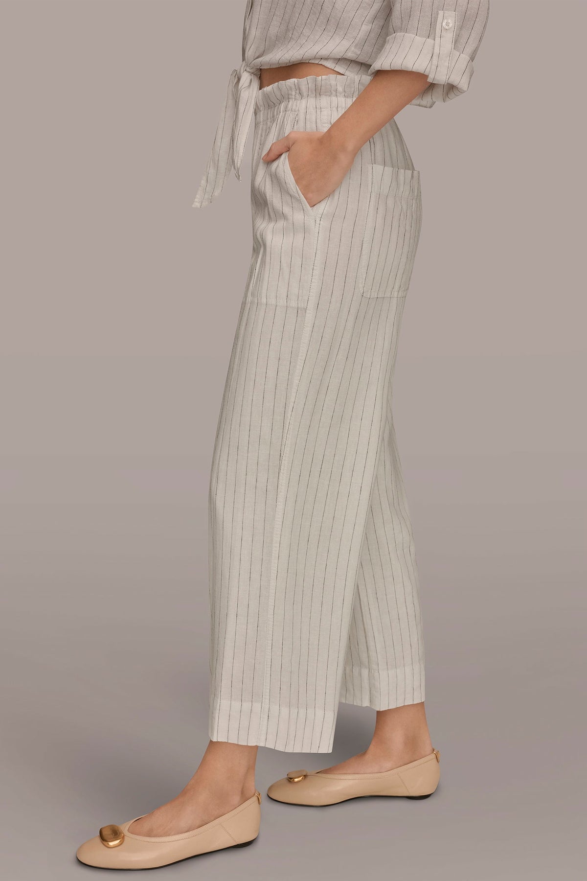 LINEN HIGH-RISE PINSTRIPED PAPERBAG PANT