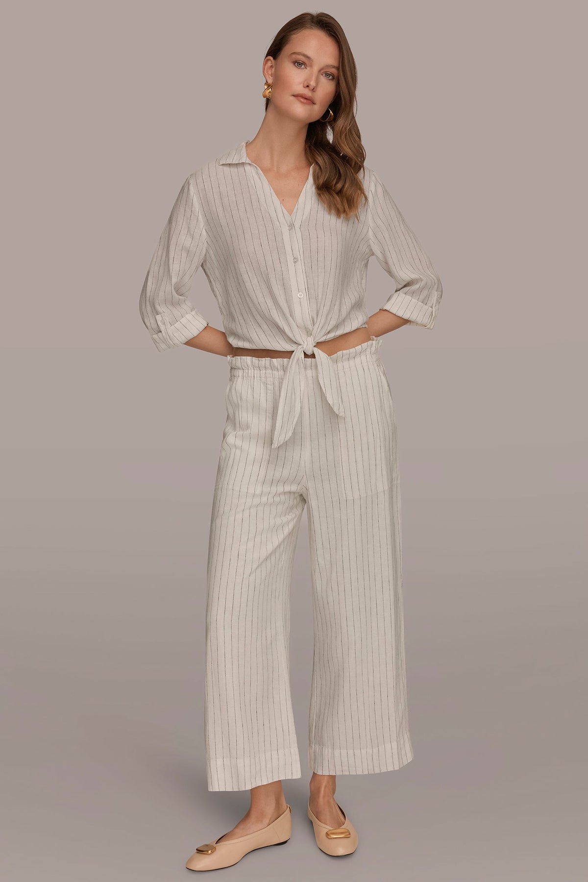 LINEN HIGH-RISE PINSTRIPED PAPERBAG PANT
