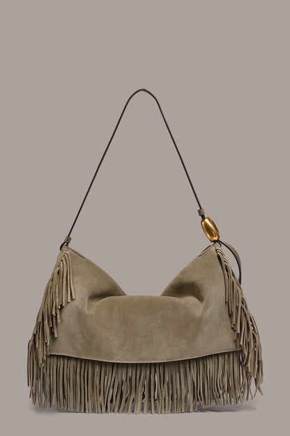 VELVET LARGE FRINGE SHOULDER BAG