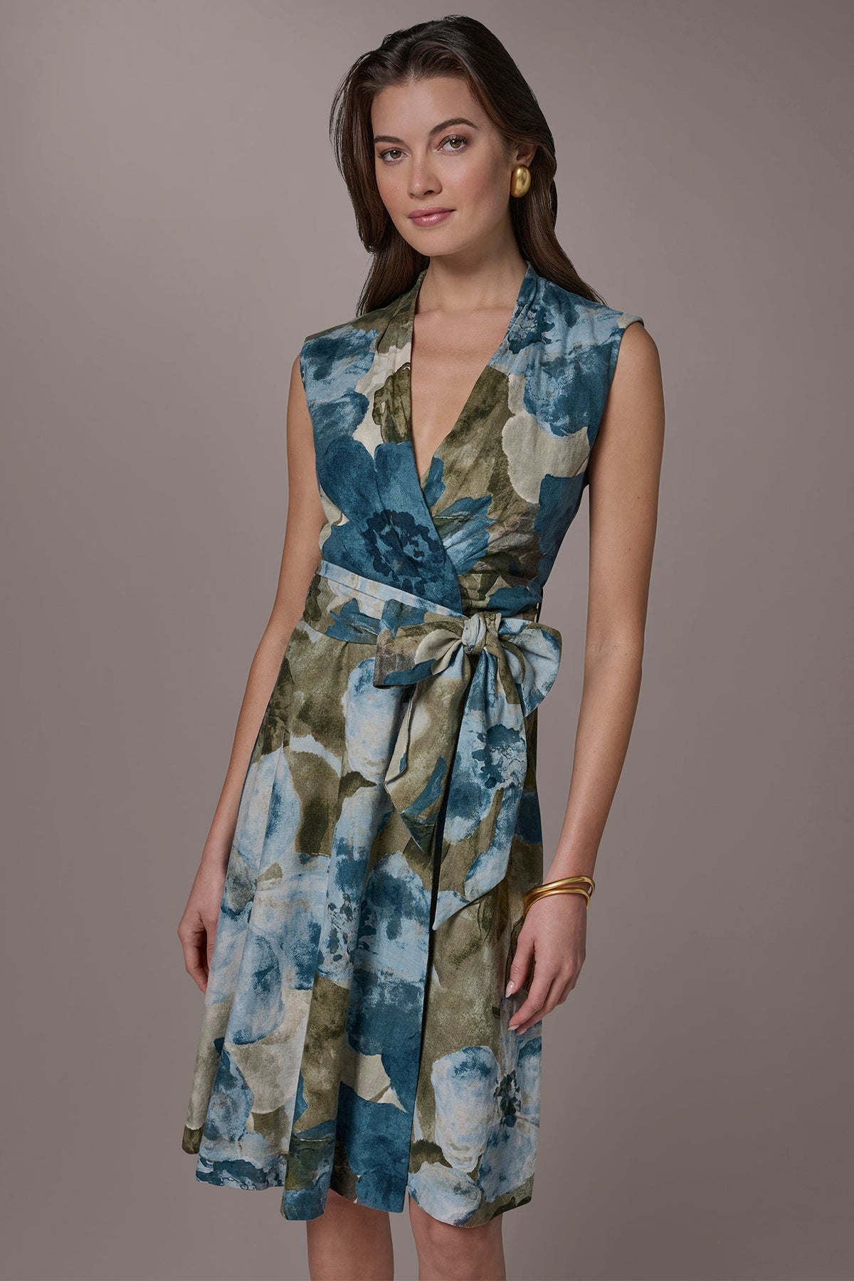 LINEN-BLEND SLEEVELESS FLORAL WRAP A-LINE DRESS