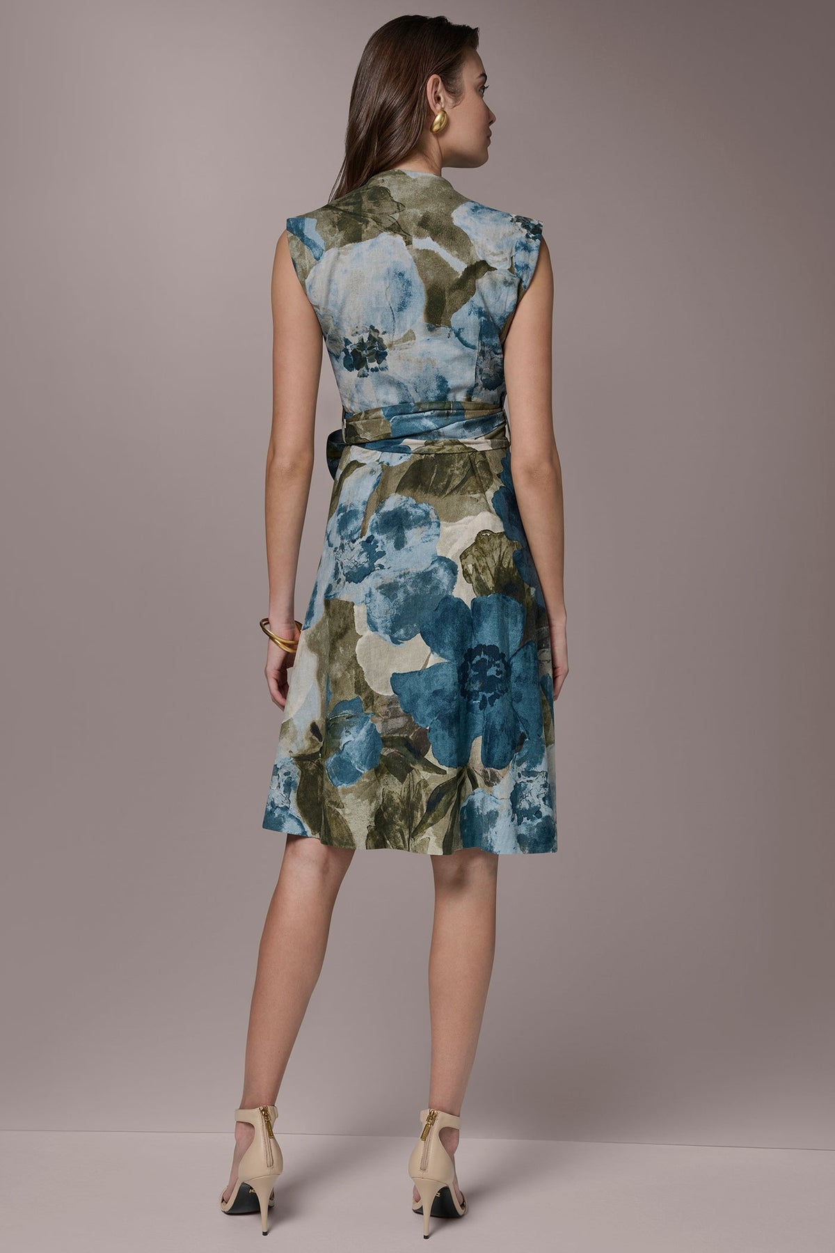 LINEN-BLEND SLEEVELESS FLORAL WRAP A-LINE DRESS