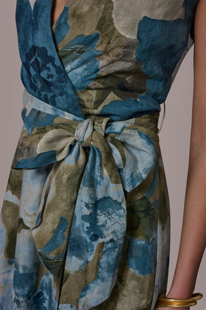 LINEN-BLEND SLEEVELESS FLORAL WRAP A-LINE DRESS