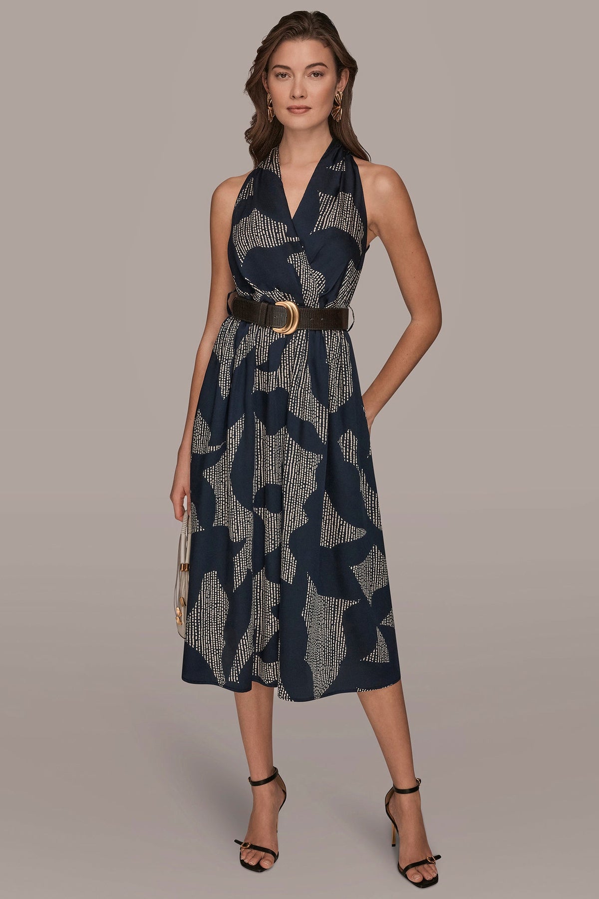 PRINTED WRAP MIDI HALTER DRESS