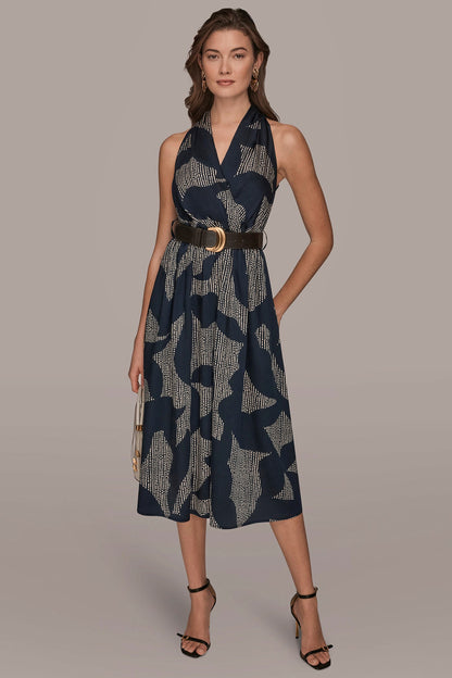 PRINTED WRAP MIDI HALTER DRESS