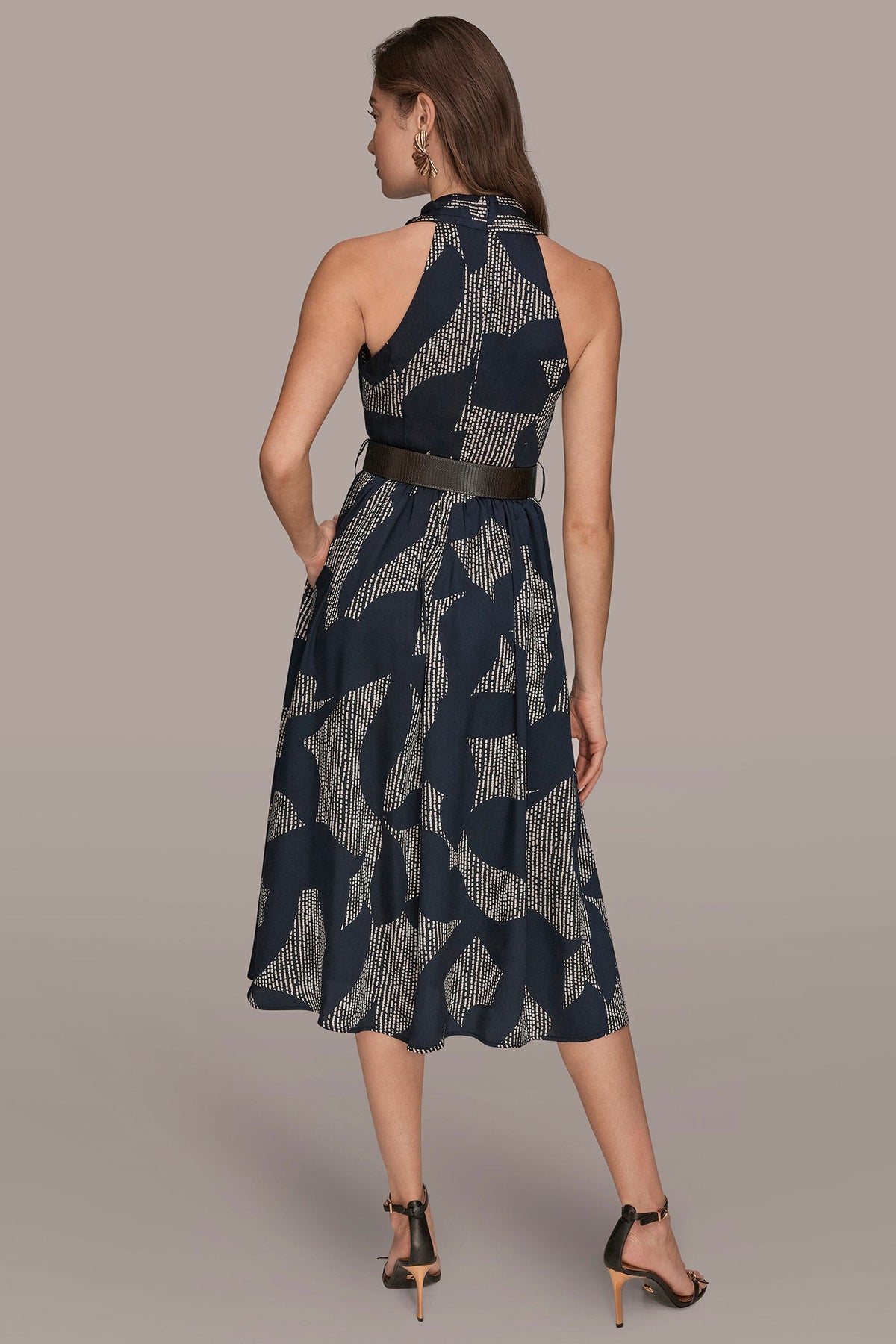 PRINTED WRAP MIDI HALTER DRESS