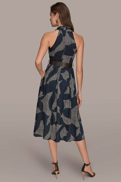 PRINTED WRAP MIDI HALTER DRESS