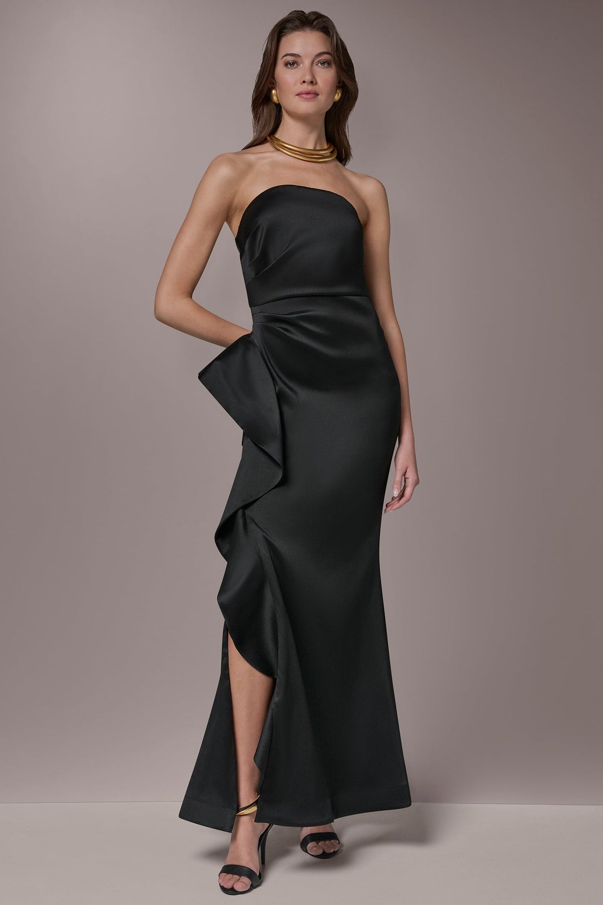 TAFFETA STRAPLESS RUFFLE GOWN