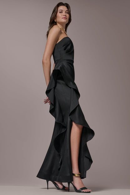 TAFFETA STRAPLESS RUFFLE GOWN