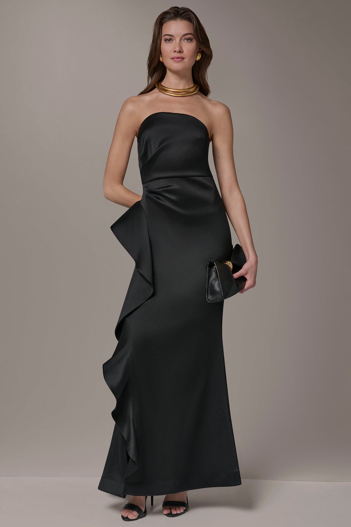 TAFFETA STRAPLESS RUFFLE GOWN