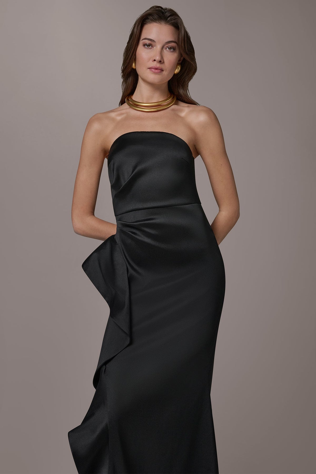 TAFFETA STRAPLESS RUFFLE GOWN