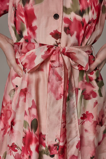 ORGANZA FLORAL MIDI SHIRT DRESS