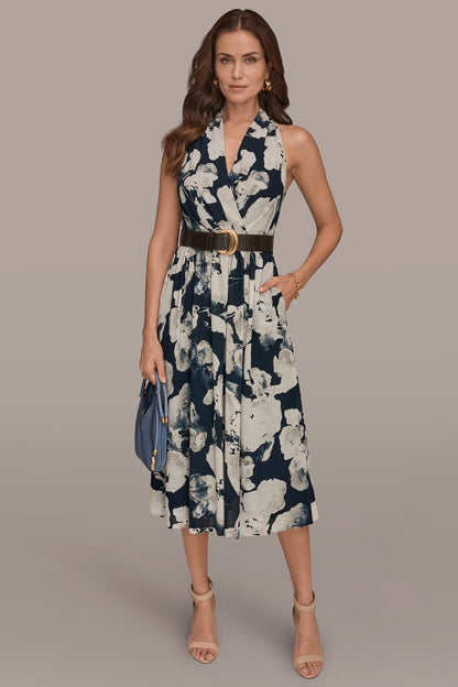 CHIFFON FLORAL MIDI HALTER DRESS