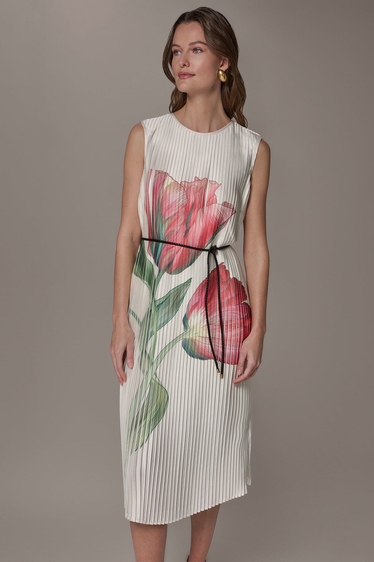 FLORAL PLEATED MIDI A-LINE DRESS