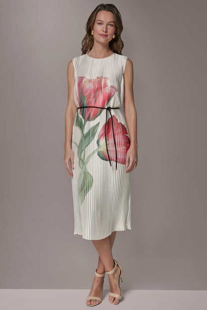 FLORAL PLEATED MIDI A-LINE DRESS