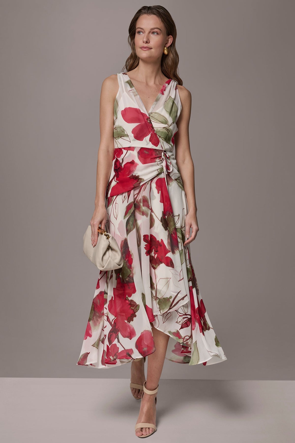 CHIFFON FLORAL WRAP MIDI A-LINE DRESS