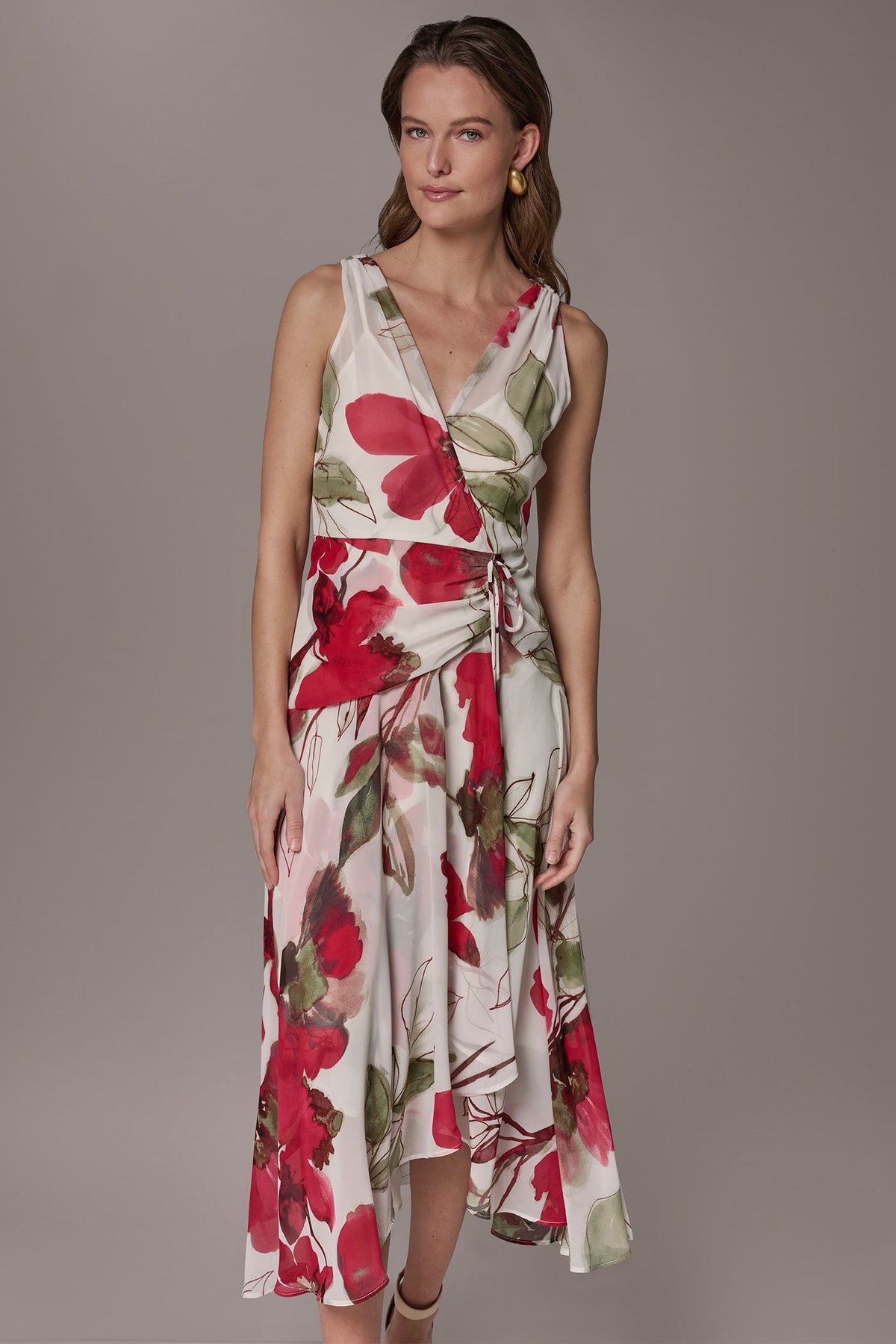 CHIFFON FLORAL WRAP MIDI A-LINE DRESS
