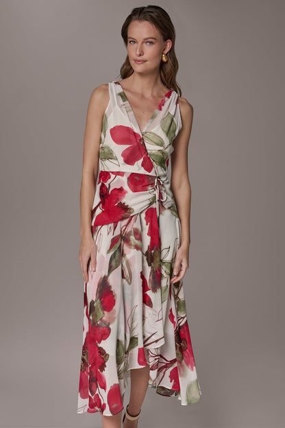 CHIFFON FLORAL WRAP MIDI A-LINE DRESS