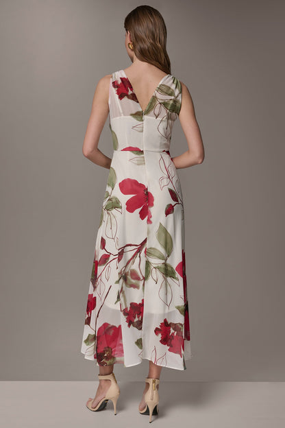 CHIFFON FLORAL WRAP MIDI A-LINE DRESS