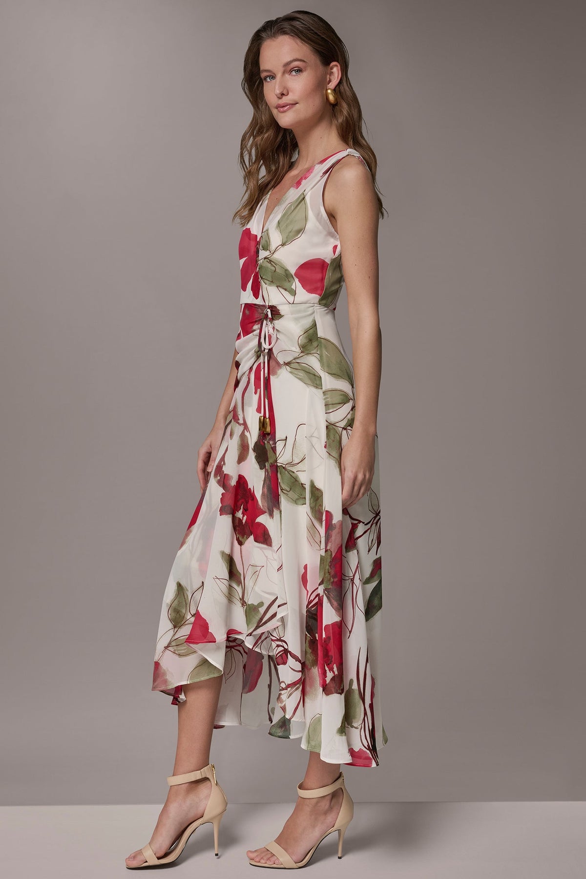 CHIFFON FLORAL WRAP MIDI A-LINE DRESS