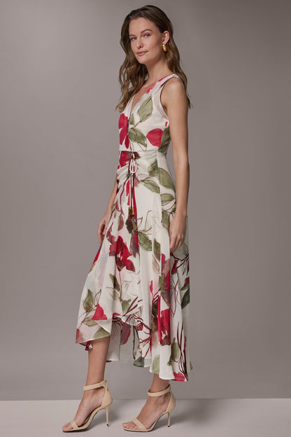 CHIFFON FLORAL WRAP MIDI A-LINE DRESS