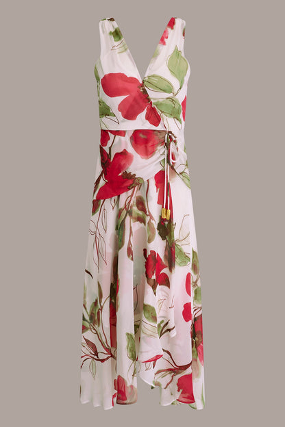 CHIFFON FLORAL WRAP MIDI A-LINE DRESS