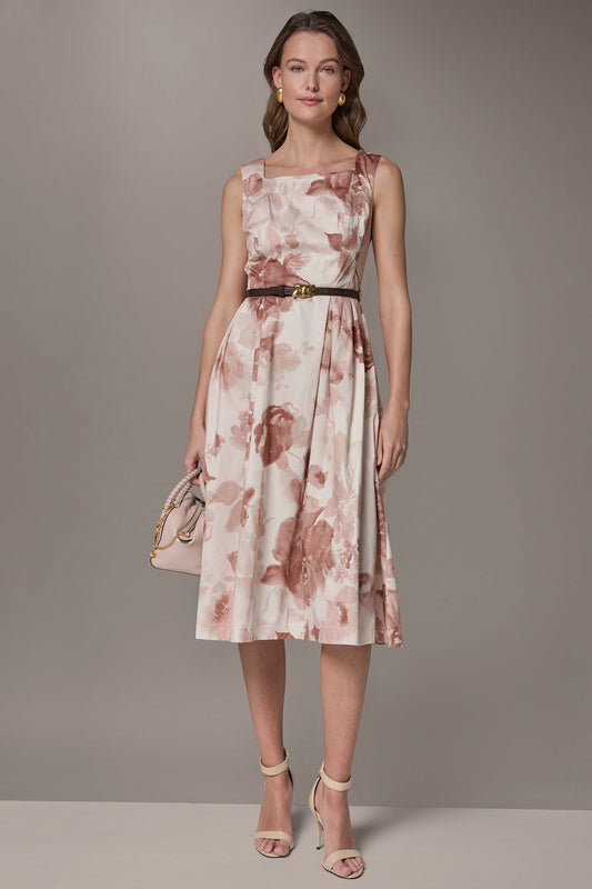 COTTON-SATEEN FLORAL MIDI A-LINE DRESS