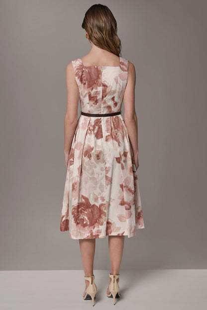 COTTON-SATEEN FLORAL MIDI A-LINE DRESS