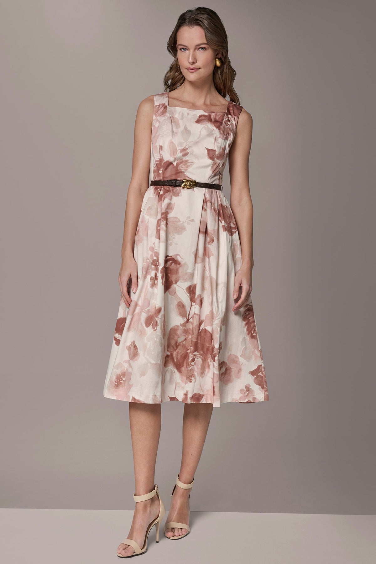 COTTON-SATEEN FLORAL MIDI A-LINE DRESS