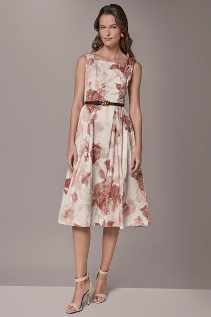 COTTON-SATEEN FLORAL MIDI A-LINE DRESS