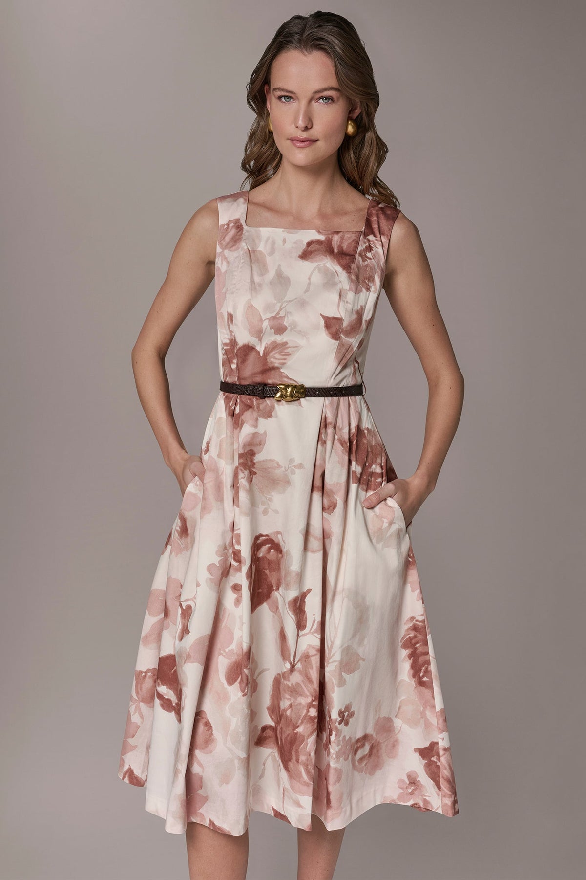 COTTON-SATEEN FLORAL MIDI A-LINE DRESS
