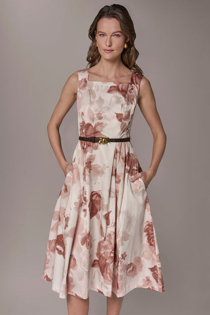 COTTON-SATEEN FLORAL MIDI A-LINE DRESS