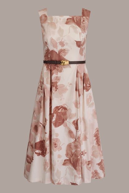 COTTON-SATEEN FLORAL MIDI A-LINE DRESS