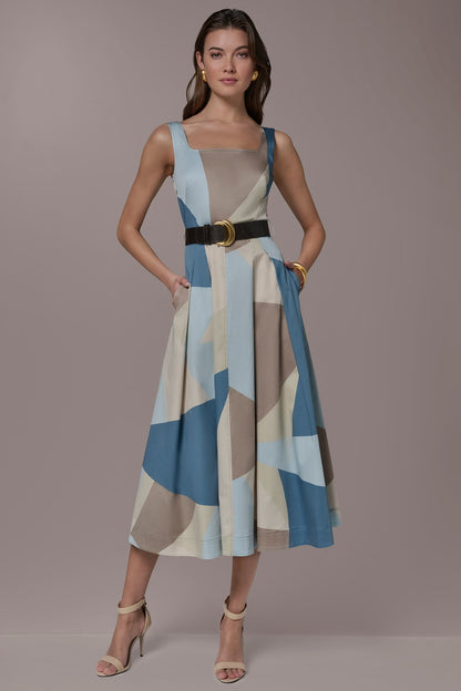 STRETCH-COTTON SLEEVELESS PRINTED MIDI DRESS