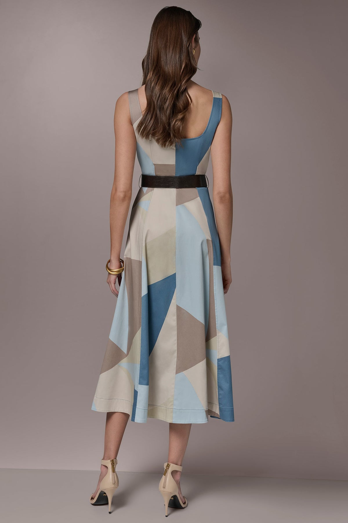 STRETCH-COTTON SLEEVELESS PRINTED MIDI DRESS