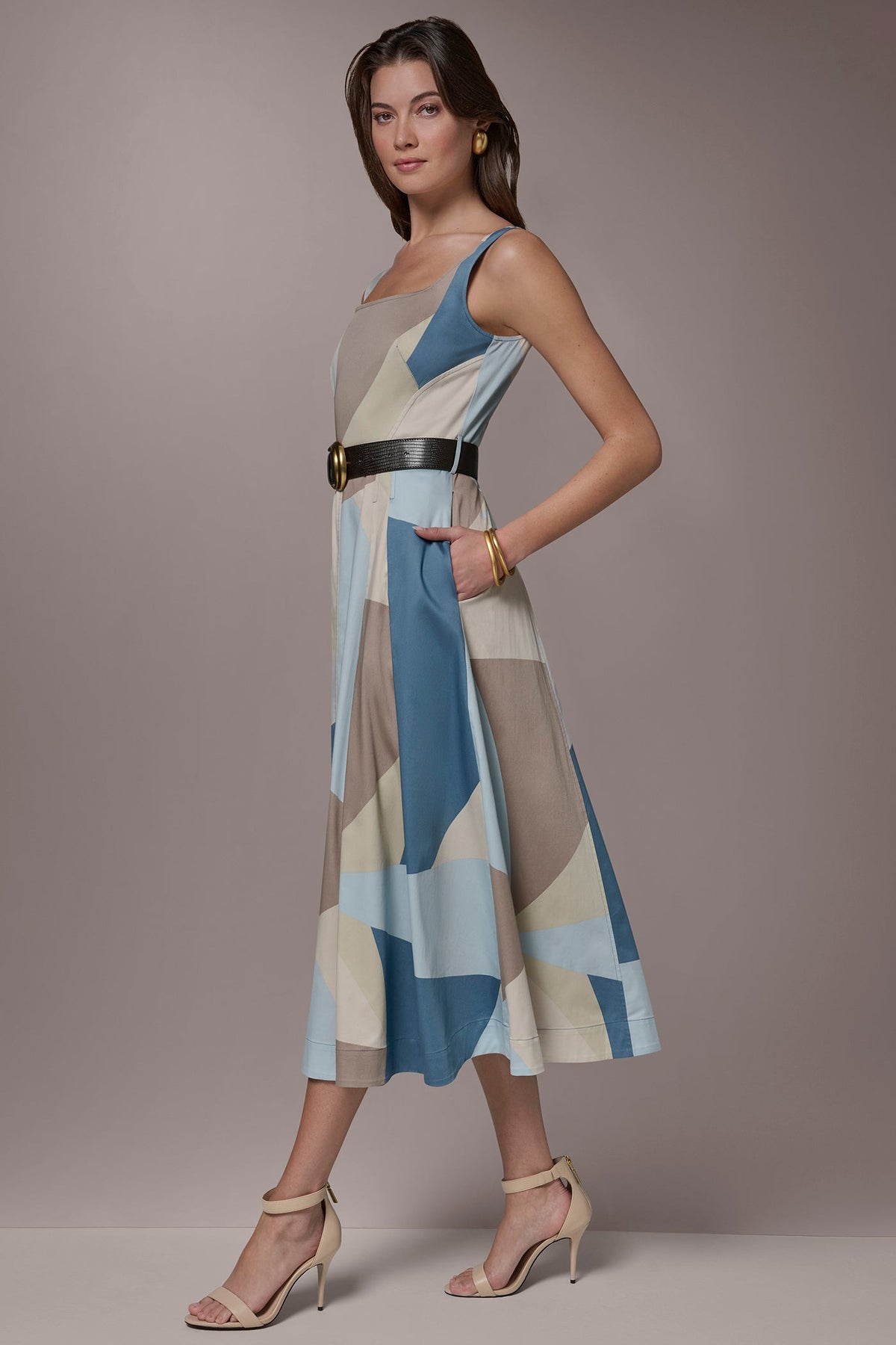 STRETCH-COTTON SLEEVELESS PRINTED MIDI DRESS